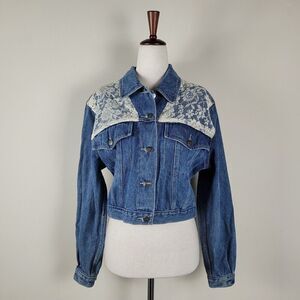 VTG Stefano International Jacket Small Blue Denim Lace Crop 90s Cottagecore